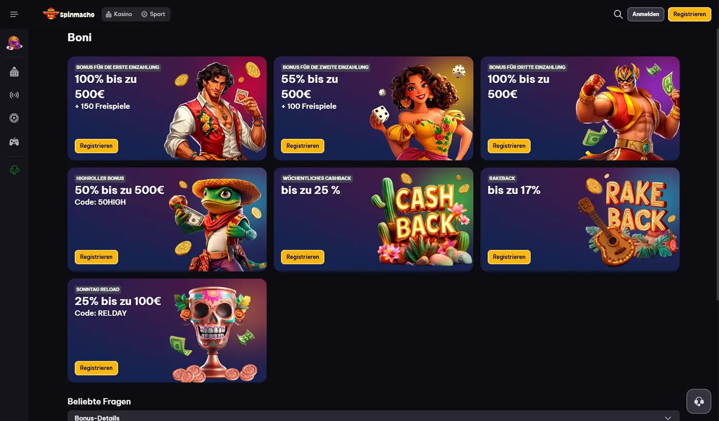 Spinmacho Casino Willkommensbonus und Aktionen