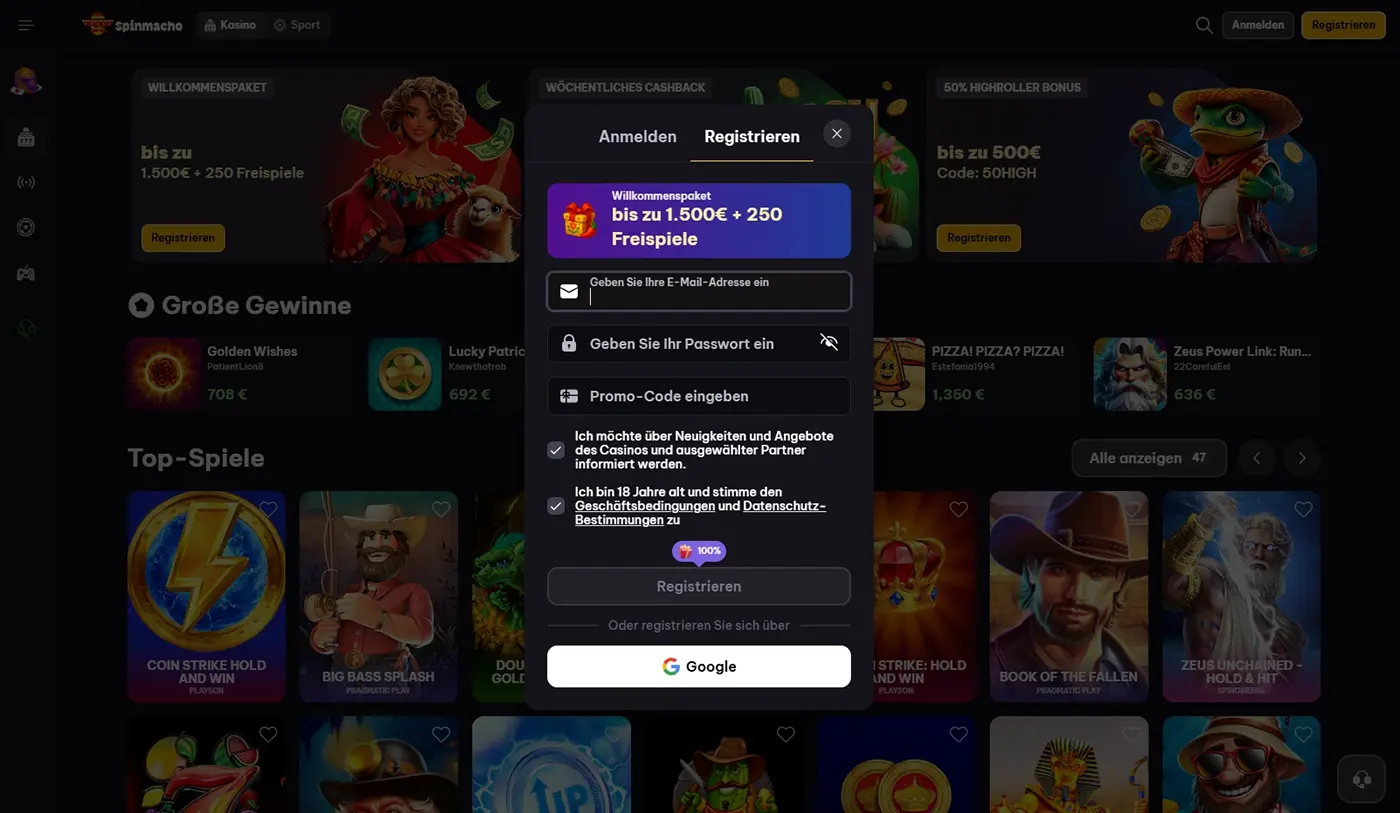 Spinmacho Casino Registrierung und Einloggen